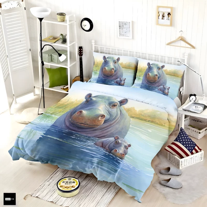 Watercolor Hippos in a Pond Bedding Set