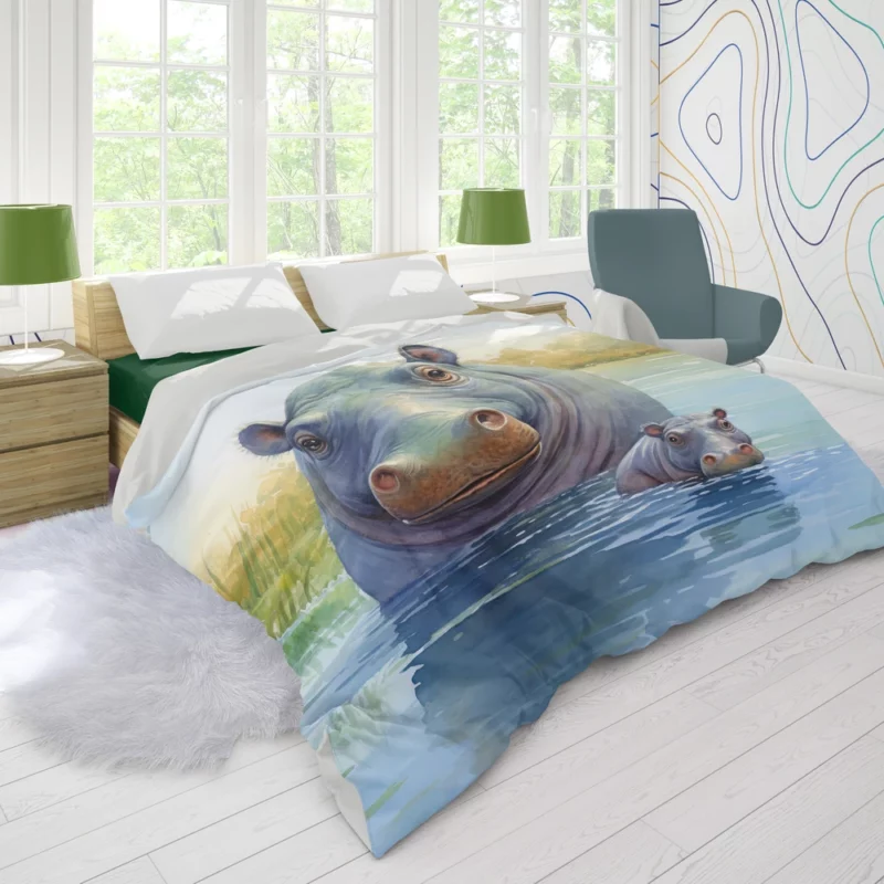 Watercolor Hippos in a Pond Duvet Cover