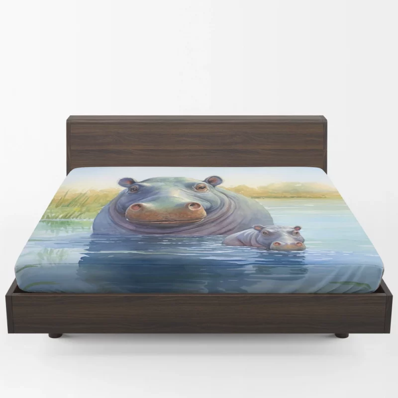 Watercolor Hippos in a Pond Fitted Sheet 1