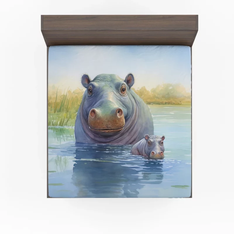 Watercolor Hippos in a Pond Fitted Sheet