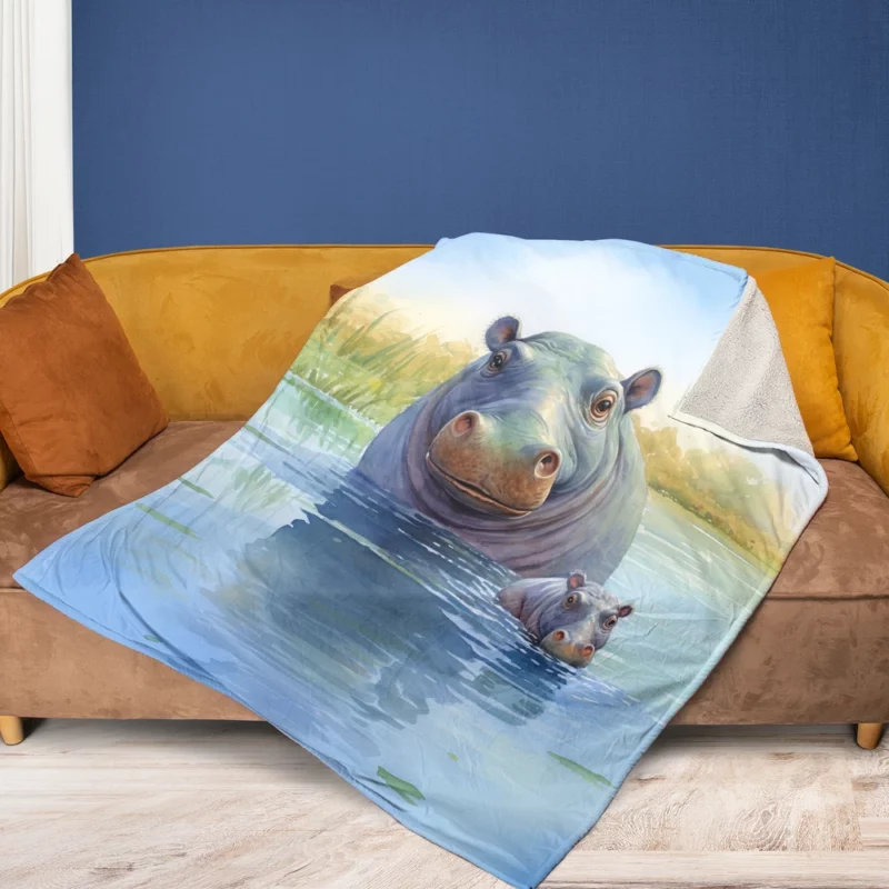 Watercolor Hippos in a Pond Fleece Blanket 1