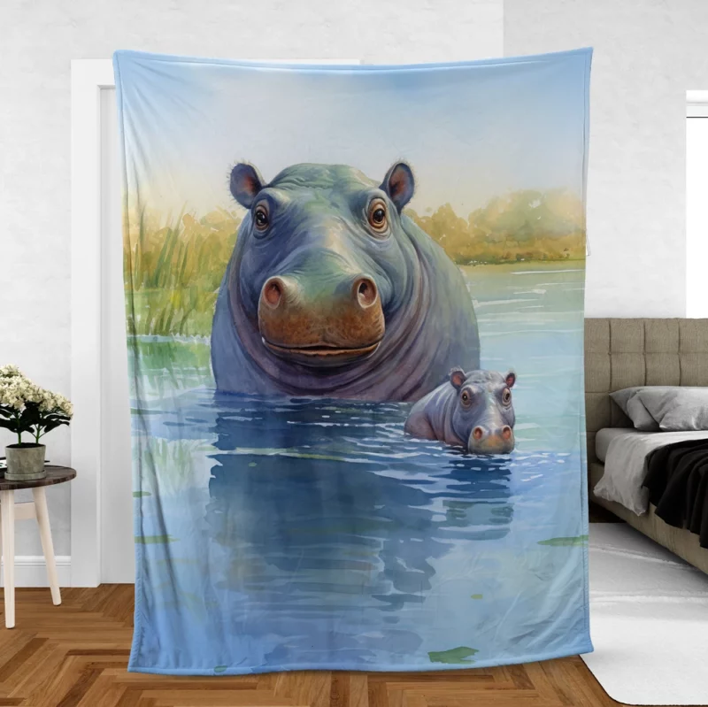 Watercolor Hippos in a Pond Fleece Blanket