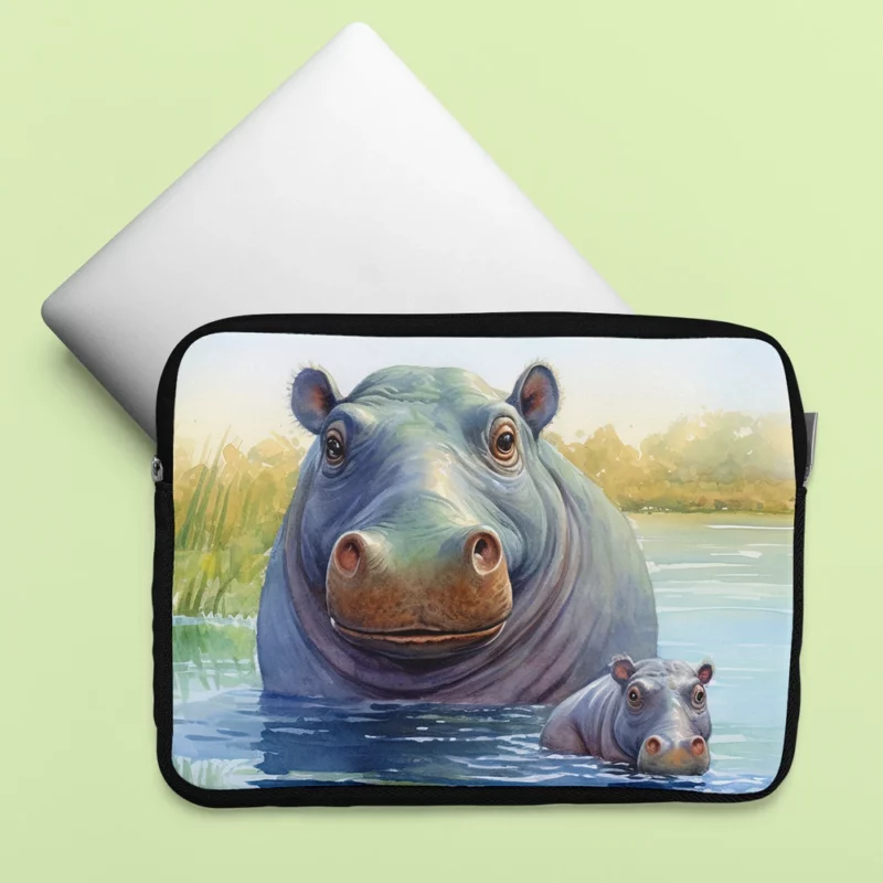 Watercolor Hippos in a Pond Laptop Sleeve