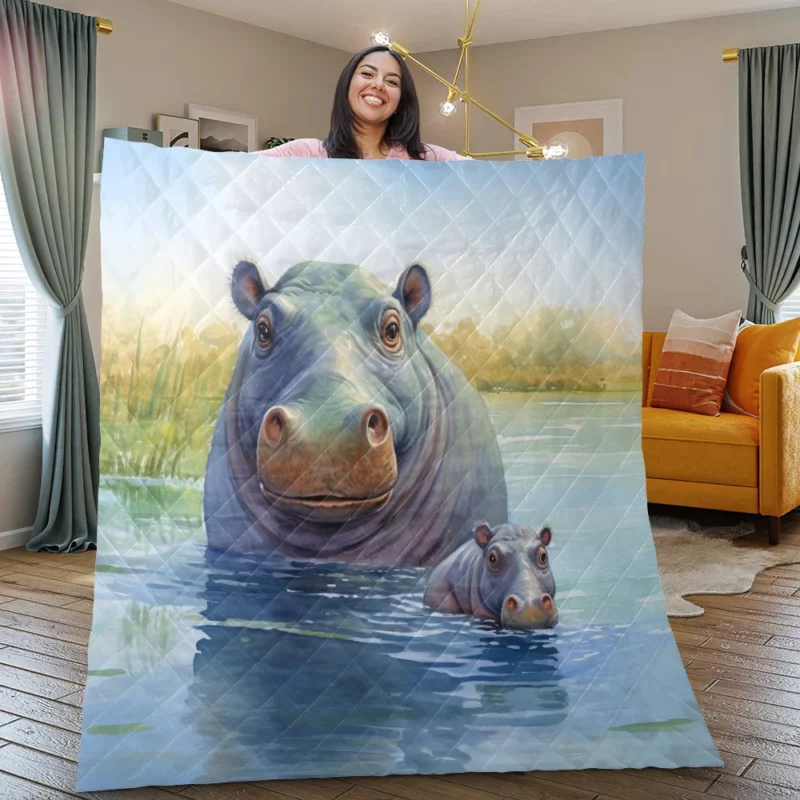 Watercolor Hippos in a Pond Quilt Blanket