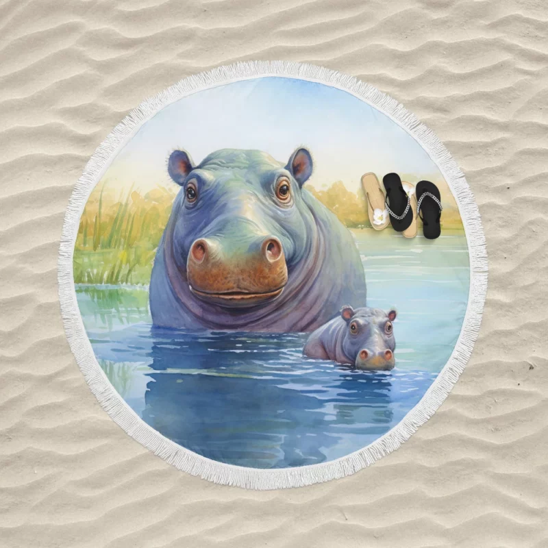 Watercolor Hippos in a Pond Round Beach Towel