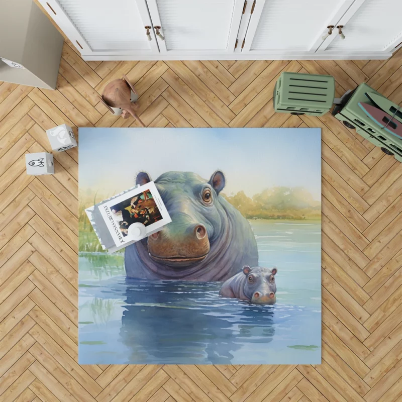 Watercolor Hippos in a Pond Rug