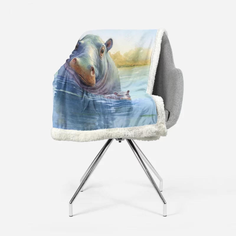 Watercolor Hippos in a Pond Sherpa Fleece Blanket 1