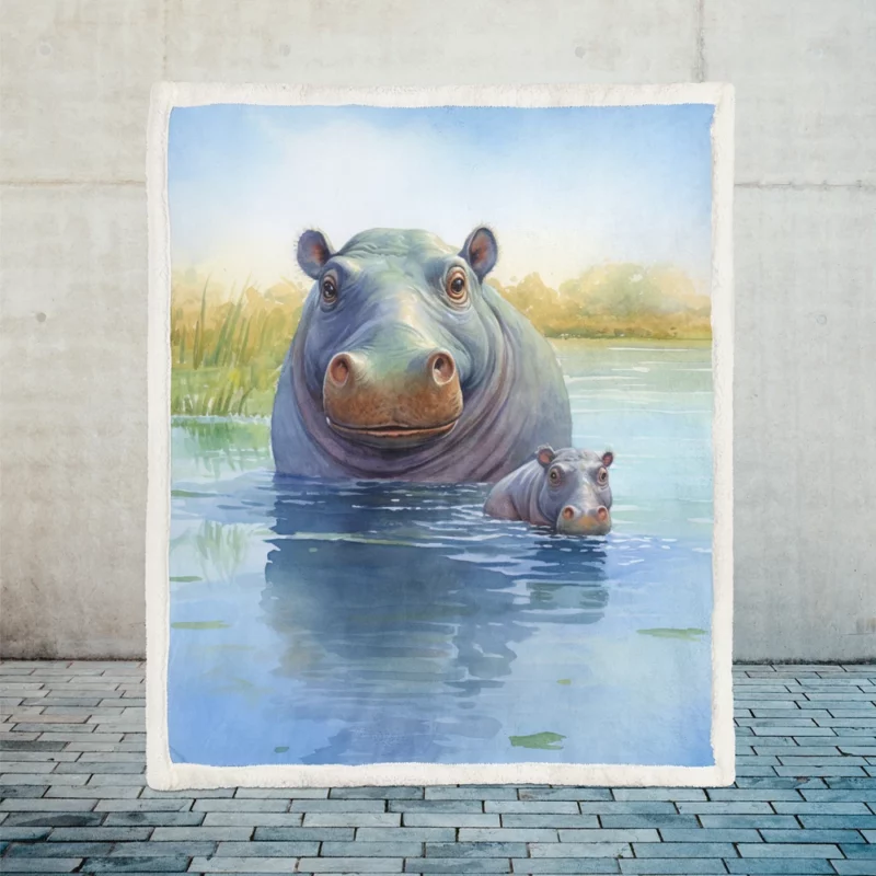 Watercolor Hippos in a Pond Sherpa Fleece Blanket