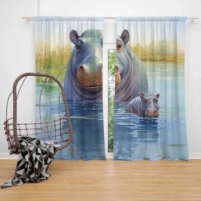 Watercolor Hippos in a Pond Window Curtain