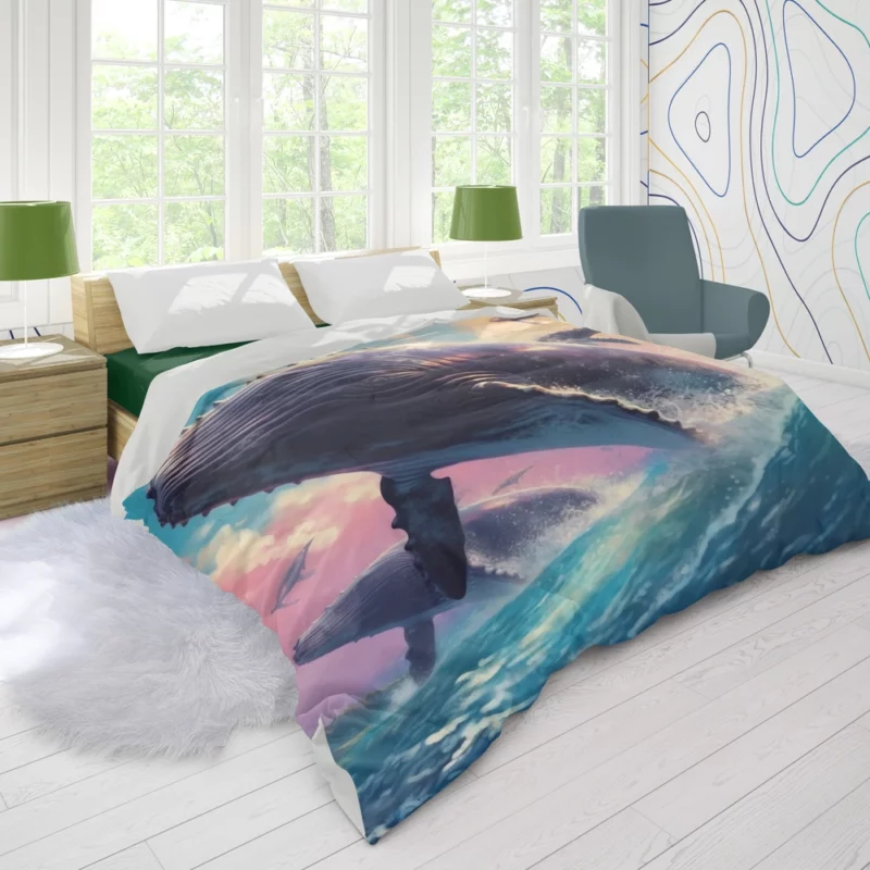 Whale Ocean Sunset Painting Duvet Cover