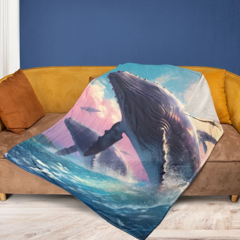 Whale Ocean Sunset Painting Fleece Blanket 1