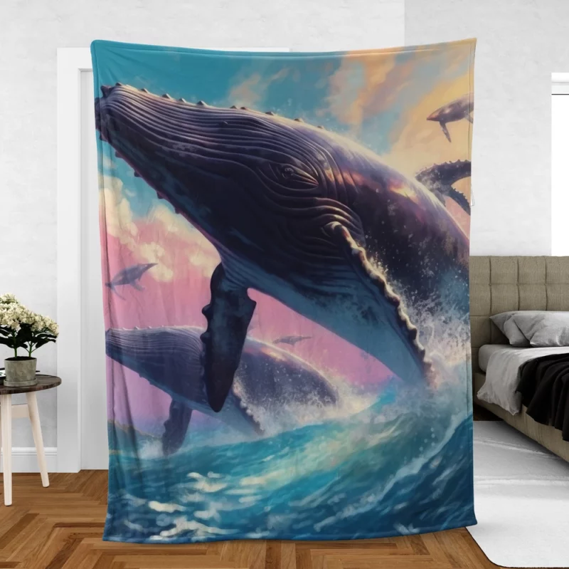 Whale Ocean Sunset Painting Fleece Blanket