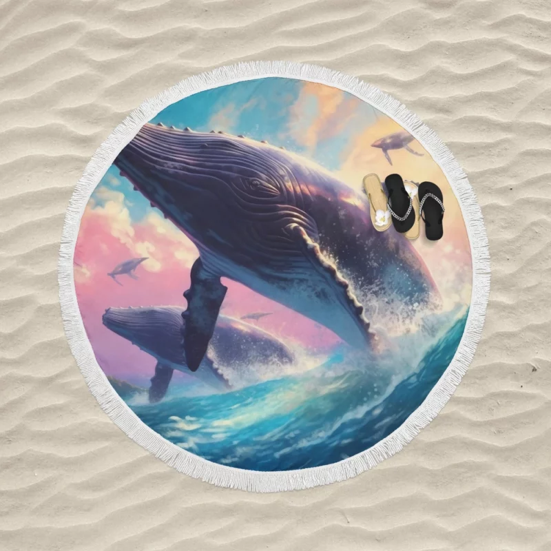Whale Ocean Sunset Painting Round Beach Towel