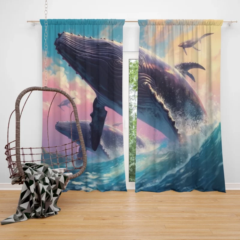 Whale Ocean Sunset Painting Window Curtain
