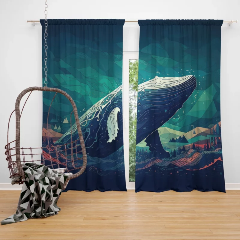 Whale in the Blue Sea Window Curtain