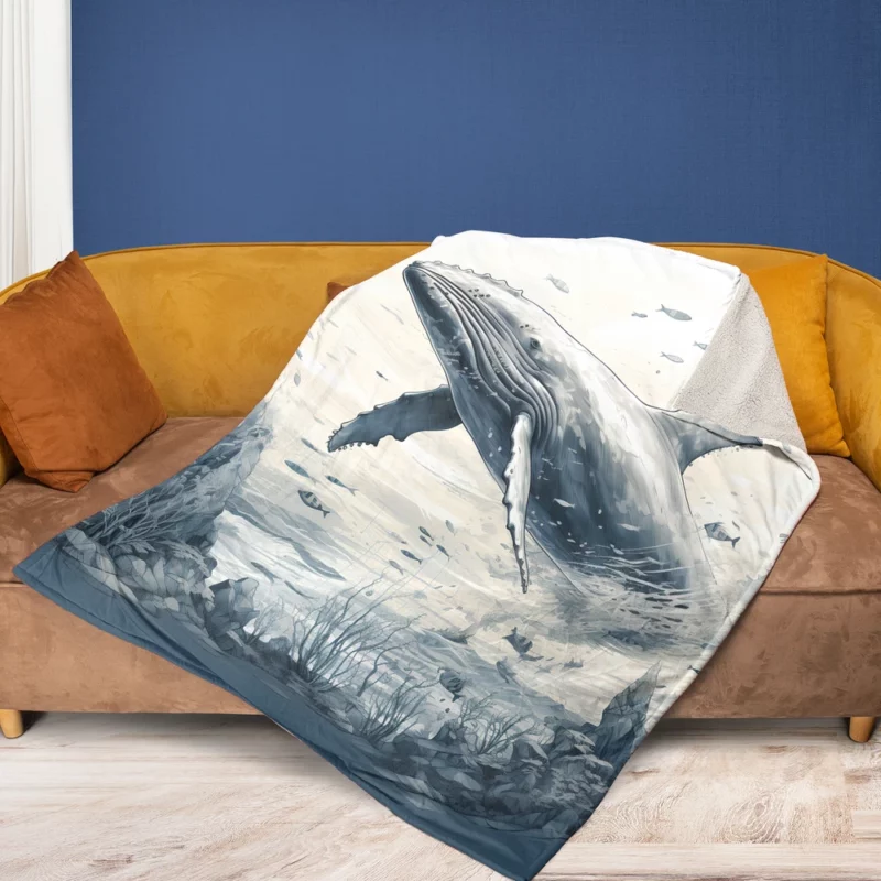 Whale in the Sea Illustration Fleece Blanket 1