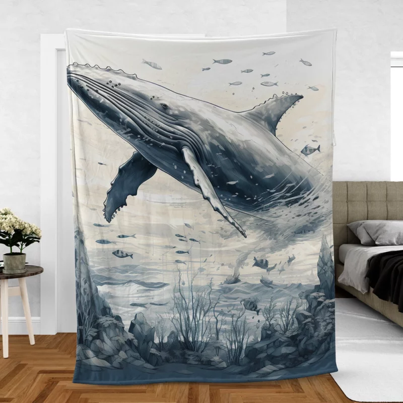 Whale in the Sea Illustration Fleece Blanket