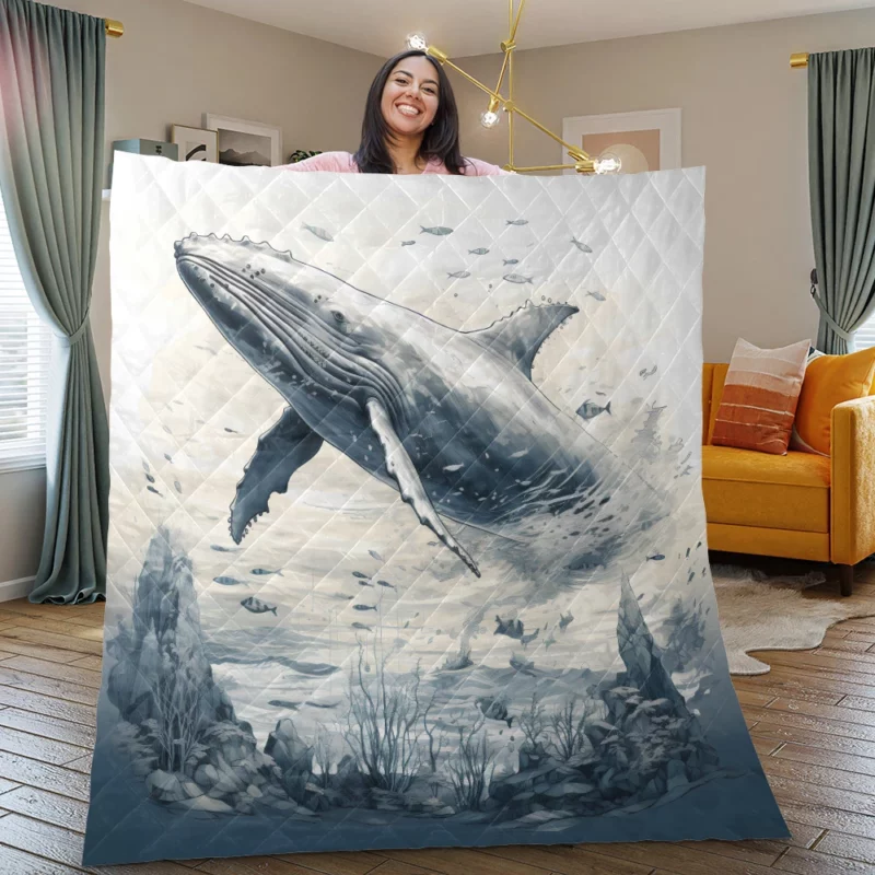 Whale in the Sea Illustration Quilt Blanket