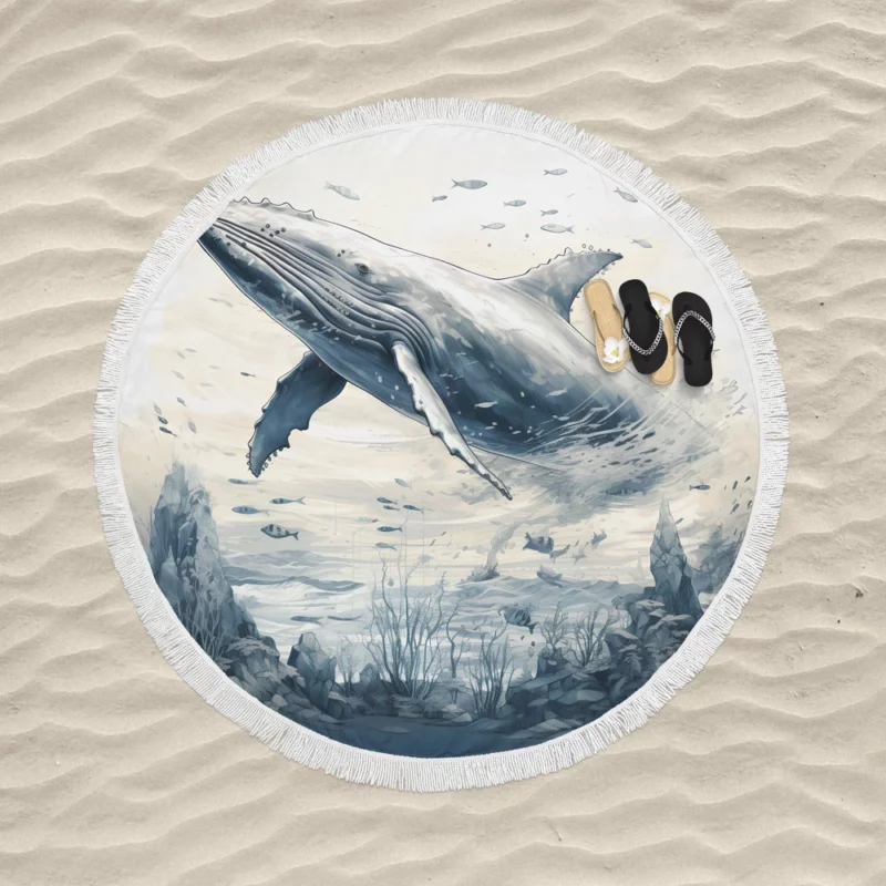 Whale in the Sea Illustration Round Beach Towel