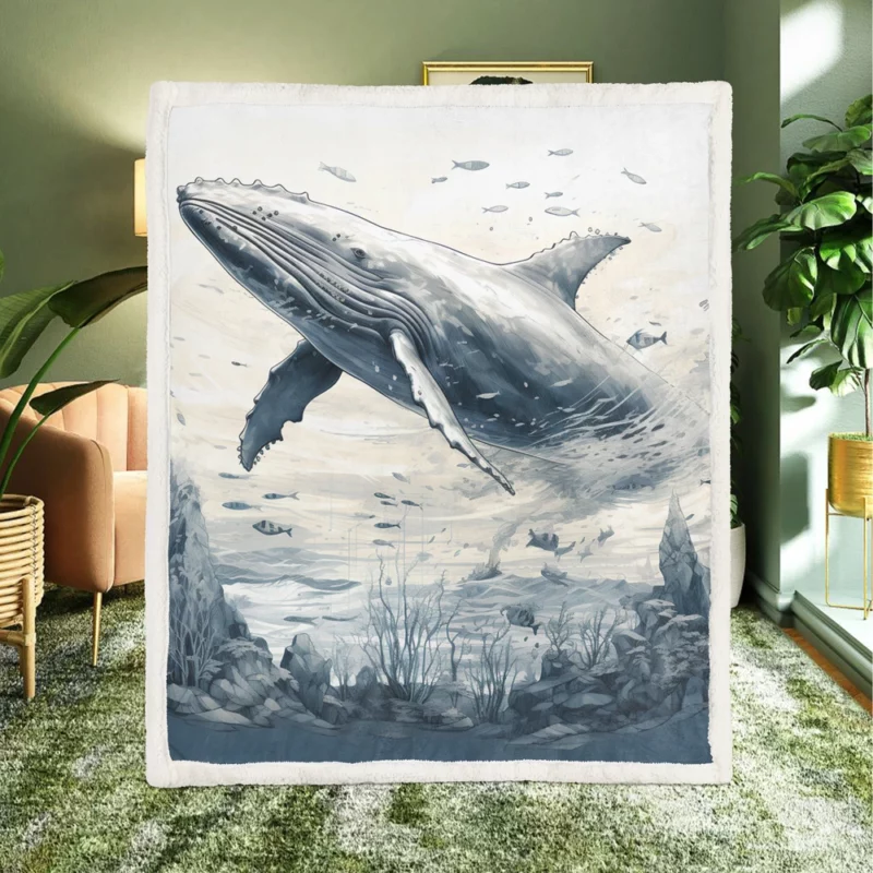 Whale in the Sea Illustration Sherpa Fleece Blanket