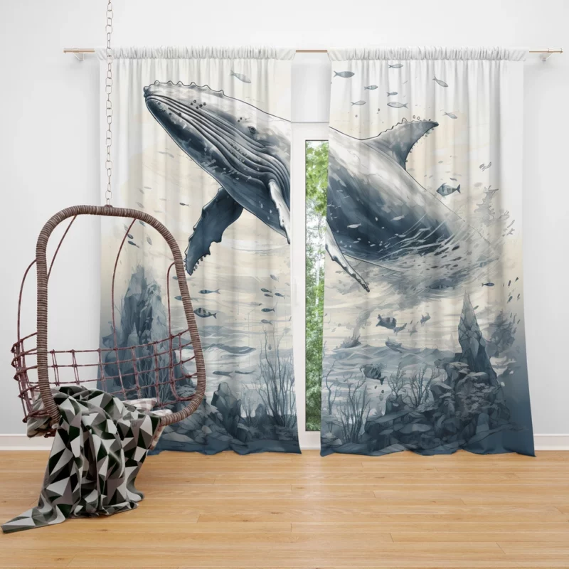 Whale in the Sea Illustration Window Curtain