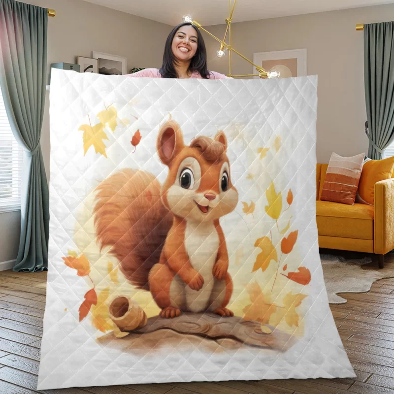 Whimsical Squirrel in Playful Children Illustration Quilt Blanket