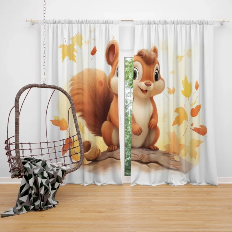 Whimsical Squirrel in Playful Children Illustration Window Curtain