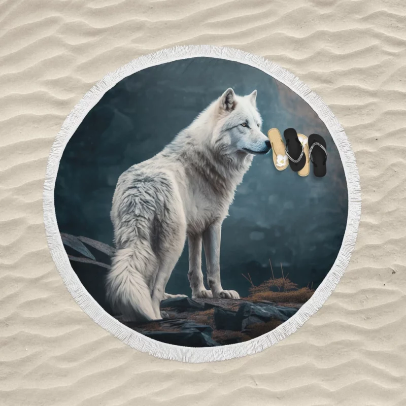 White Wolf AI Artwork Round Beach Towel