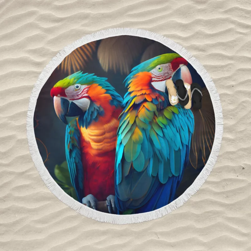 Wildlife Scene Colorful Macaw Parrots Round Beach Towel