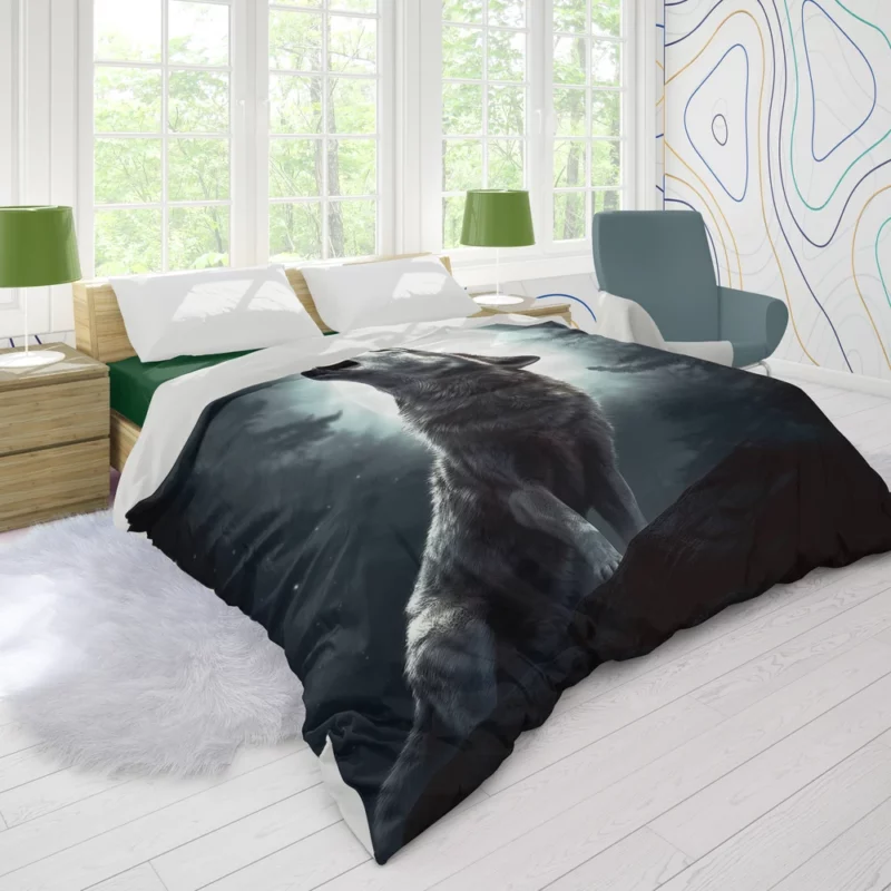 Wolf Howling at Full Moon Duvet Cover