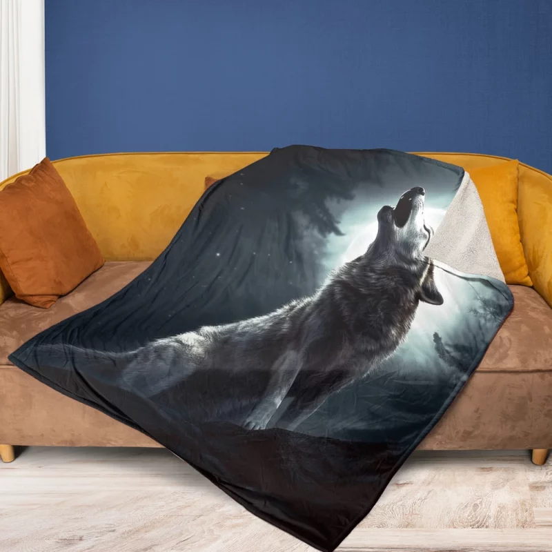 Wolf Howling at Full Moon Fleece Blanket 1