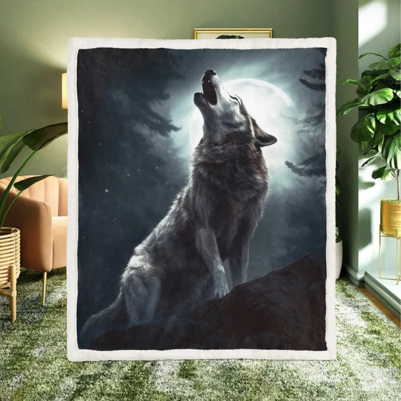 Wolf Howling at Full Moon Sherpa Fleece Blanket