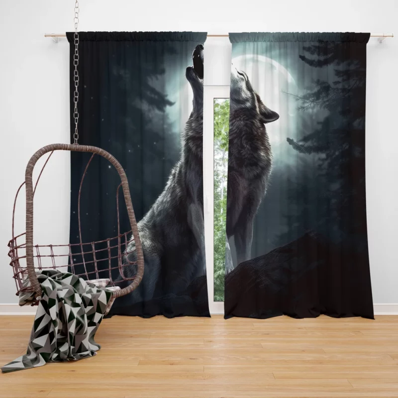 Wolf Howling at Full Moon Window Curtain