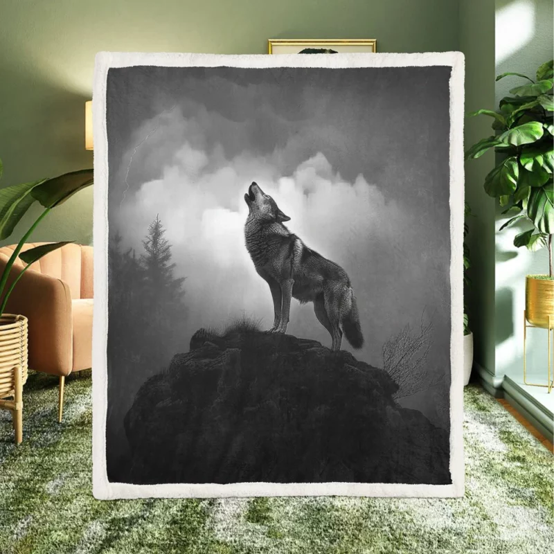 Wolf Howling at Night Sherpa Fleece Blanket