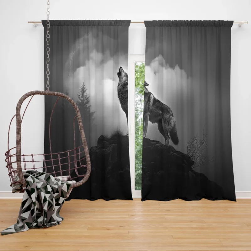 Wolf Howling at Night Window Curtain