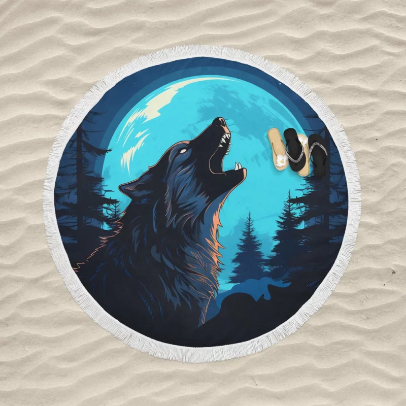 Wolf Howling at the Full Moon Round Beach Towel