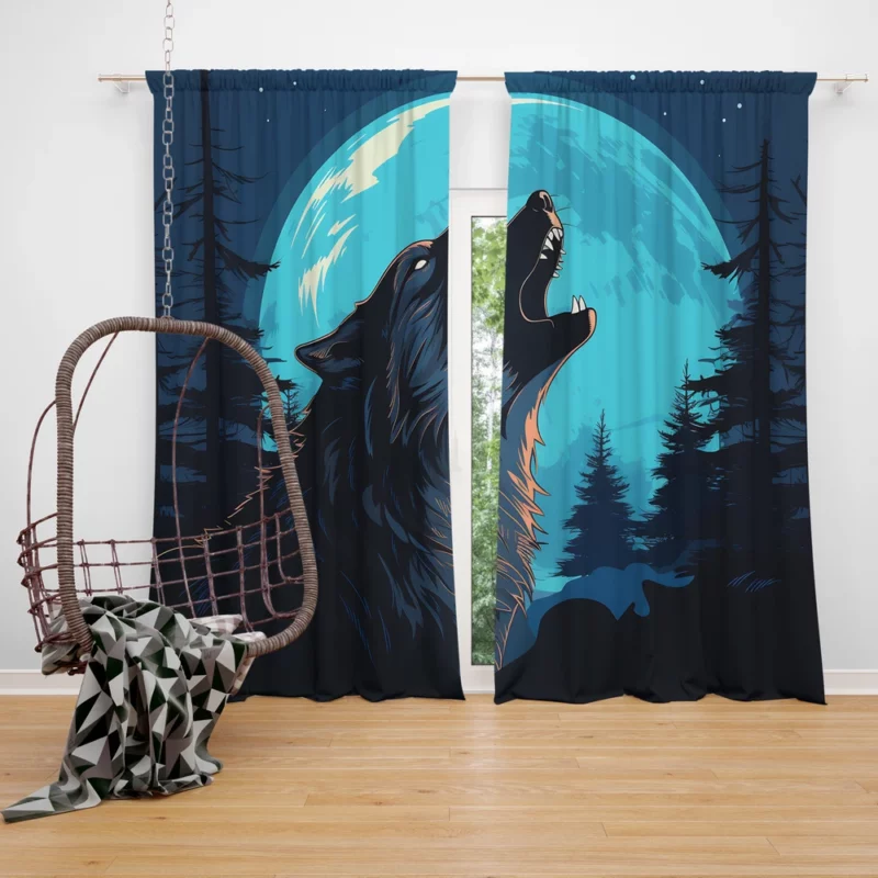 Wolf Howling at the Full Moon Window Curtain