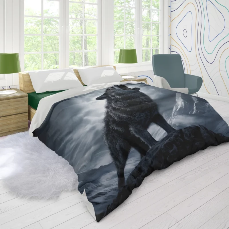 Wolf Howling in Night Duvet Cover