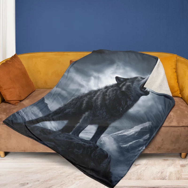 Wolf Howling in Night Fleece Blanket 1