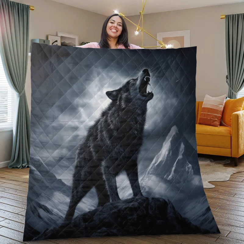 Wolf Howling in Night Quilt Blanket