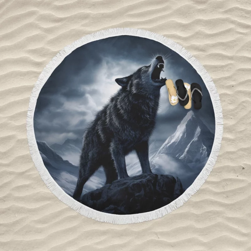 Wolf Howling in Night Round Beach Towel