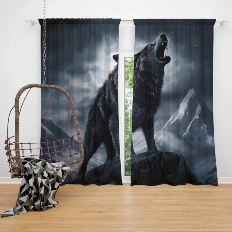 Wolf Howling in Night Window Curtain