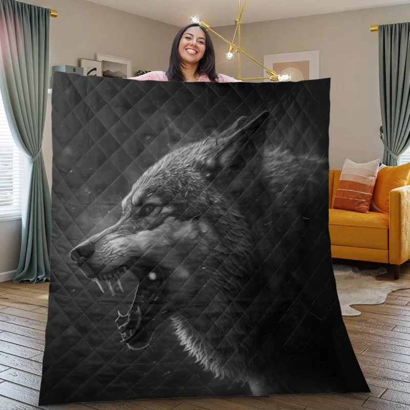 Wolf Portrait With Label Quilt Blanket