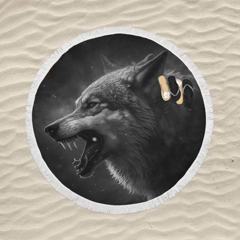 Wolf Portrait With Label Round Beach Towel