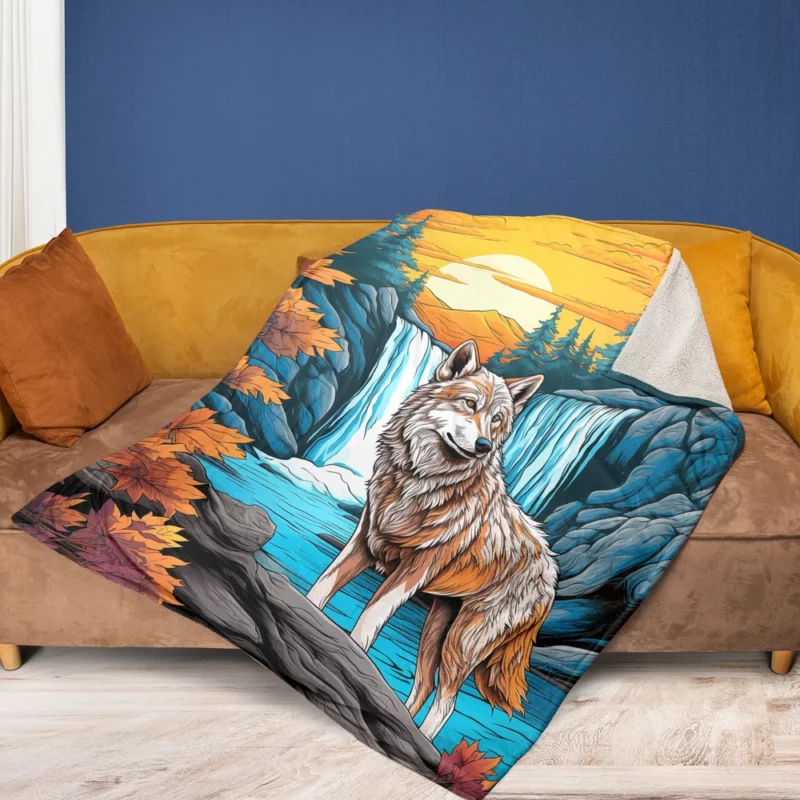 Wolf by the Waterfall in Enchanting Woods Fleece Blanket 1