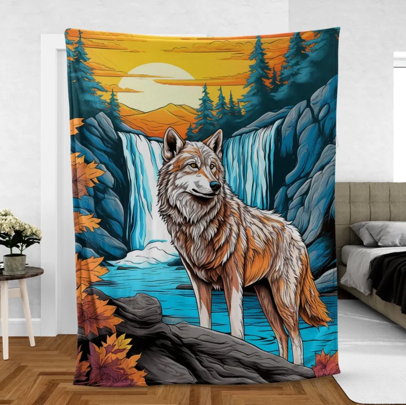 Wolf by the Waterfall in Enchanting Woods Fleece Blanket