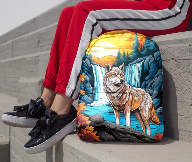 Wolf by the Waterfall in Enchanting Woods Minimalist Backpack 1