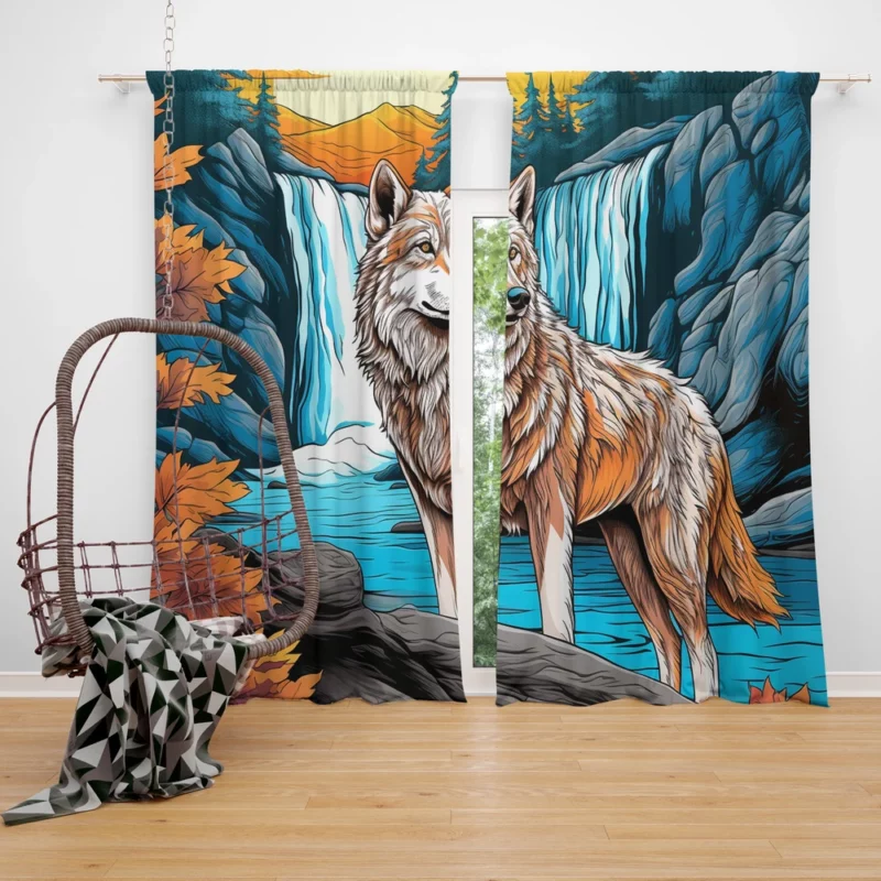 Wolf by the Waterfall in Enchanting Woods Window Curtain