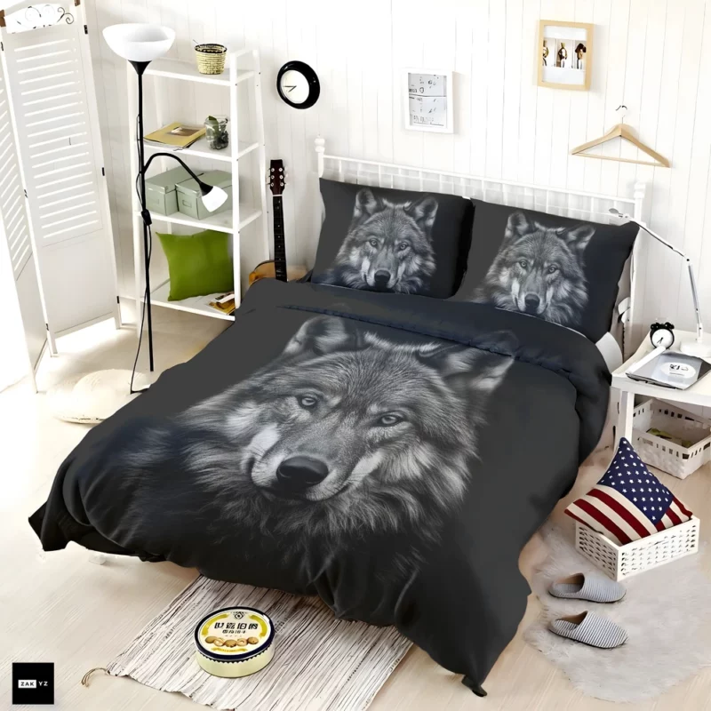 Wolf on Black Background Bedding Set