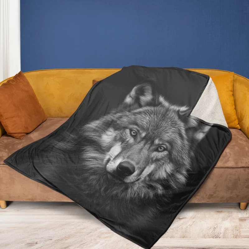 Wolf on Black Background Fleece Blanket 1